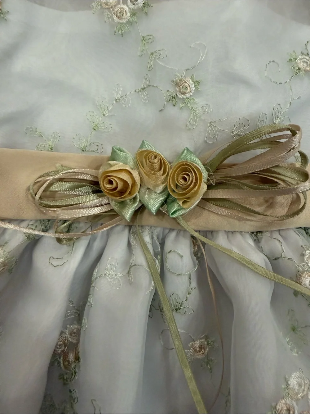 Girls formal Dress - white, hints of tan and green flowers
